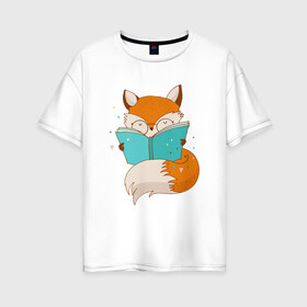 Женская футболка хлопок Oversize с принтом Лисица с книгой в Кировске, 100% хлопок | свободный крой, круглый ворот, спущенный рукав, длина до линии бедер
 | лиса | лисенок | лисица | лисичка