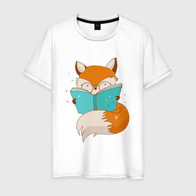 Мужская футболка хлопок с принтом Лисица с книгой в Кировске, 100% хлопок | прямой крой, круглый вырез горловины, длина до линии бедер, слегка спущенное плечо. | лиса | лисенок | лисица | лисичка