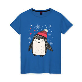 Женская футболка хлопок с принтом Пингвин в шапке в Кировске, 100% хлопок | прямой крой, круглый вырез горловины, длина до линии бедер, слегка спущенное плечо | christmas | new year | winter | зима | новый год | пингвин | рождество