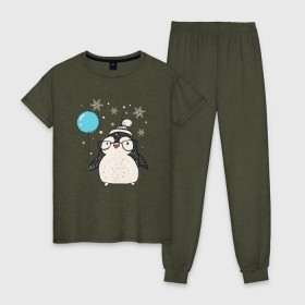 Женская пижама хлопок с принтом Пингвин с шариком в Кировске, 100% хлопок | брюки и футболка прямого кроя, без карманов, на брюках мягкая резинка на поясе и по низу штанин | christmas | new year | winter | зима | новый год | пингвин | рождество