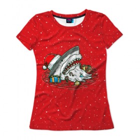 Женская футболка 3D с принтом Акула Дед Мороз в Кировске, 100% полиэфир ( синтетическое хлопкоподобное полотно) | прямой крой, круглый вырез горловины, длина до линии бедер | christmas | new year | shark | новый год | рождество | санта
