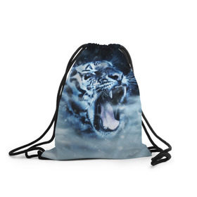 Рюкзак-мешок 3D с принтом Белый тигр в Кировске, 100% полиэстер | плотность ткани — 200 г/м2, размер — 35 х 45 см; лямки — толстые шнурки, застежка на шнуровке, без карманов и подкладки | зима | клыки | метель | пасть | снег | тигр | хищник