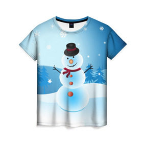 Женская футболка 3D с принтом Снеговик в Кировске, 100% полиэфир ( синтетическое хлопкоподобное полотно) | прямой крой, круглый вырез горловины, длина до линии бедер | дед мороз | зима | новый год | праздник | снеговик | снежинки