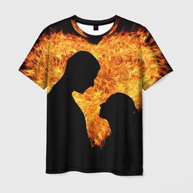Мужская футболка 3D с принтом Огненная любовь в Кировске, 100% полиэфир | прямой крой, круглый вырез горловины, длина до линии бедер | любовь | огонь | пламя | сердце | танец