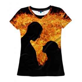 Женская футболка 3D с принтом Огненная любовь в Кировске, 100% полиэфир ( синтетическое хлопкоподобное полотно) | прямой крой, круглый вырез горловины, длина до линии бедер | любовь | огонь | пламя | сердце | танец