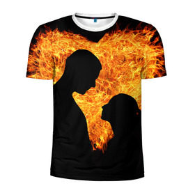 Мужская футболка 3D спортивная с принтом Огненная любовь в Кировске, 100% полиэстер с улучшенными характеристиками | приталенный силуэт, круглая горловина, широкие плечи, сужается к линии бедра | любовь | огонь | пламя | сердце | танец