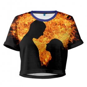 Женская футболка 3D укороченная с принтом Огненная любовь в Кировске, 100% полиэстер | круглая горловина, длина футболки до линии талии, рукава с отворотами | любовь | огонь | пламя | сердце | танец