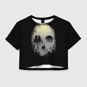 Женская футболка 3D укороченная с принтом Мертвый туман в Кировске, 100% полиэстер | круглая горловина, длина футболки до линии талии, рукава с отворотами | bone | ciyt | dark | evil | skelet | skull | город | кости | скелет | туман | череп