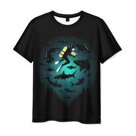 Мужская футболка 3D с принтом Подводный мир в Кировске, 100% полиэфир | прямой крой, круглый вырез горловины, длина до линии бедер | fish | ocean | predator | sea | shark | under | акула | вода | дайвер | дайвинг | море | океан | рыба | хищник