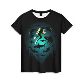Женская футболка 3D с принтом Подводный мир в Кировске, 100% полиэфир ( синтетическое хлопкоподобное полотно) | прямой крой, круглый вырез горловины, длина до линии бедер | fish | ocean | predator | sea | shark | under | акула | вода | дайвер | дайвинг | море | океан | рыба | хищник