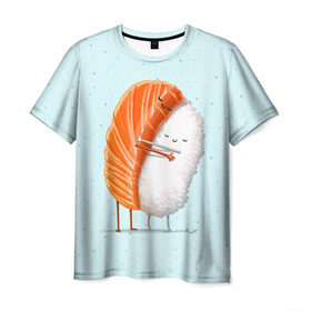 Мужская футболка 3D с принтом Суши друзья в Кировске, 100% полиэфир | прямой крой, круглый вырез горловины, длина до линии бедер | Тематика изображения на принте: china | eat | fish | food | japan | sushi | лосось | прикол | рис | ролл | рыба | суши