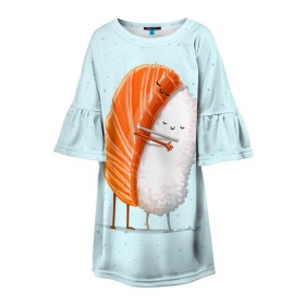 Детское платье 3D с принтом Суши друзья в Кировске, 100% полиэстер | прямой силуэт, чуть расширенный к низу. Круглая горловина, на рукавах — воланы | Тематика изображения на принте: china | eat | fish | food | japan | sushi | лосось | прикол | рис | ролл | рыба | суши