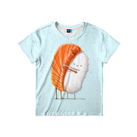 Детская футболка 3D с принтом Суши друзья в Кировске, 100% гипоаллергенный полиэфир | прямой крой, круглый вырез горловины, длина до линии бедер, чуть спущенное плечо, ткань немного тянется | china | eat | fish | food | japan | sushi | лосось | прикол | рис | ролл | рыба | суши