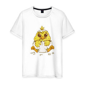 Мужская футболка хлопок с принтом Цыпленок в Кировске, 100% хлопок | прямой крой, круглый вырез горловины, длина до линии бедер, слегка спущенное плечо. | желтый | мультяшка | рисунок | цыпленок | яйца