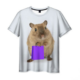 Мужская футболка 3D с принтом Хомяк с сумкой в Кировске, 100% полиэфир | прямой крой, круглый вырез горловины, длина до линии бедер | грызун | животные | крыса | мышь | хомяк | яблоко