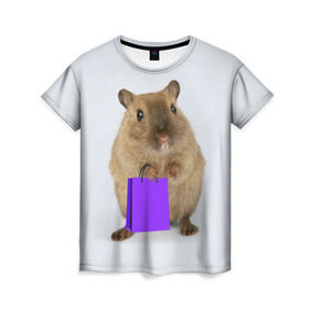 Женская футболка 3D с принтом Хомяк с сумкой в Кировске, 100% полиэфир ( синтетическое хлопкоподобное полотно) | прямой крой, круглый вырез горловины, длина до линии бедер | грызун | животные | крыса | мышь | хомяк | яблоко