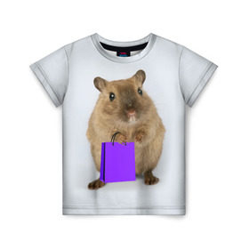 Детская футболка 3D с принтом Хомяк с сумкой в Кировске, 100% гипоаллергенный полиэфир | прямой крой, круглый вырез горловины, длина до линии бедер, чуть спущенное плечо, ткань немного тянется | Тематика изображения на принте: грызун | животные | крыса | мышь | хомяк | яблоко