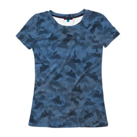 Женская футболка 3D с принтом Камуфляж со снегоходами в Кировске, 100% полиэфир ( синтетическое хлопкоподобное полотно) | прямой крой, круглый вырез горловины, длина до линии бедер | зима | милитари | синий | снег | снегоход | текстура | экстремальный | экстрим