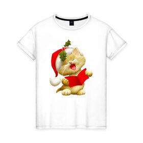 Женская футболка хлопок с принтом Новогодний котенок в Кировске, 100% хлопок | прямой крой, круглый вырез горловины, длина до линии бедер, слегка спущенное плечо | 