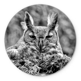 Коврик круглый с принтом Филин в Кировске, резина и полиэстер | круглая форма, изображение наносится на всю лицевую часть | bird | nest | night | nocturnal | owl | predator | гнездо | ночной | птица | сова | филин | хищник