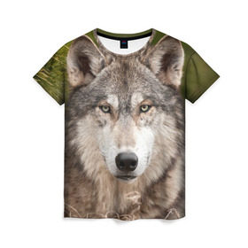 Женская футболка 3D с принтом Волк в Кировске, 100% полиэфир ( синтетическое хлопкоподобное полотно) | прямой крой, круглый вырез горловины, длина до линии бедер | animal | eyes | forest | predator | wild | wolf | взгляд | волк | дикий | животное | зверь | лес | хищник