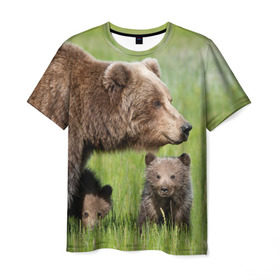 Мужская футболка 3D с принтом Медведи в Кировске, 100% полиэфир | прямой крой, круглый вырез горловины, длина до линии бедер | animals | bears | children | family | green | meadow | mother | predators | дети | животные | зеленая | мама | медведи | поляна | семья | хищники