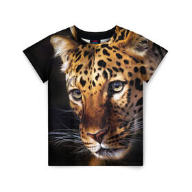 Детская футболка 3D с принтом Леопард в Кировске, 100% гипоаллергенный полиэфир | прямой крой, круглый вырез горловины, длина до линии бедер, чуть спущенное плечо, ткань немного тянется | Тематика изображения на принте: animal | leopard | look | predator | spotted | wild | взгляд | дикий | животное | леопард | пятнистый | хищник