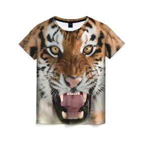 Женская футболка 3D с принтом Тигр в Кировске, 100% полиэфир ( синтетическое хлопкоподобное полотно) | прямой крой, круглый вырез горловины, длина до линии бедер | animal | predator | striped | tiger | view | wild | взгляд | дикий | животное | полосатый | тигр | хищник