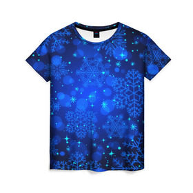 Женская футболка 3D с принтом Снежинки в Кировске, 100% полиэфир ( синтетическое хлопкоподобное полотно) | прямой крой, круглый вырез горловины, длина до линии бедер | круги | новогодний | рождество | синий | снежинка | темный