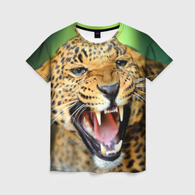 Женская футболка 3D с принтом Леопард в Кировске, 100% полиэфир ( синтетическое хлопкоподобное полотно) | прямой крой, круглый вырез горловины, длина до линии бедер | animal | leopard | look | predator | spotted | wild | взгляд | дикий | животное | леопард | пятнистый | хищник