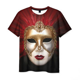 Мужская футболка 3D с принтом Венецианская маска в Кировске, 100% полиэфир | прямой крой, круглый вырез горловины, длина до линии бедер | венеция | италия | карнавал | красный | лицо | перья