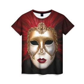Женская футболка 3D с принтом Венецианская маска в Кировске, 100% полиэфир ( синтетическое хлопкоподобное полотно) | прямой крой, круглый вырез горловины, длина до линии бедер | венеция | италия | карнавал | красный | лицо | перья