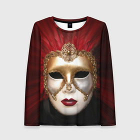 Женский лонгслив 3D с принтом Венецианская маска в Кировске, 100% полиэстер | длинные рукава, круглый вырез горловины, полуприлегающий силуэт | Тематика изображения на принте: венеция | италия | карнавал | красный | лицо | перья
