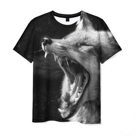 Мужская футболка 3D с принтом Лиса в Кировске, 100% полиэфир | прямой крой, круглый вырез горловины, длина до линии бедер | animal | bw | fox | jaws | predator | sly | teeth | wild | yawn | дикая | животное | зевает | зубы | лиса | пасть | хитрая | хищник | чб