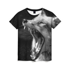 Женская футболка 3D с принтом Лиса в Кировске, 100% полиэфир ( синтетическое хлопкоподобное полотно) | прямой крой, круглый вырез горловины, длина до линии бедер | animal | bw | fox | jaws | predator | sly | teeth | wild | yawn | дикая | животное | зевает | зубы | лиса | пасть | хитрая | хищник | чб