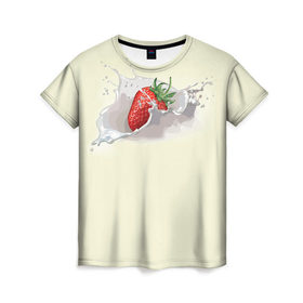 Женская футболка 3D с принтом Клубника со сливками в Кировске, 100% полиэфир ( синтетическое хлопкоподобное полотно) | прямой крой, круглый вырез горловины, длина до линии бедер | 