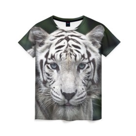 Женская футболка 3D с принтом Белый тигр в Кировске, 100% полиэфир ( синтетическое хлопкоподобное полотно) | прямой крой, круглый вырез горловины, длина до линии бедер | animal | jungle | look | predator | tiger | white | wild | белый | взгляд | джунгли | дикий | животное | тигр | хищник
