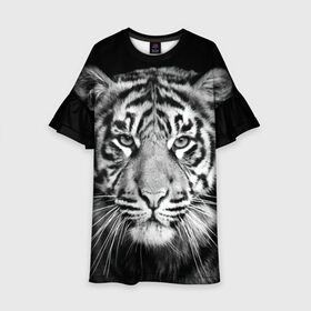 Детское платье 3D с принтом Тигр в Кировске, 100% полиэстер | прямой силуэт, чуть расширенный к низу. Круглая горловина, на рукавах — воланы | animal | black   white | look | predator | tiger | wild | взгляд | дикий | животное | тигр | хищник | черно   белый