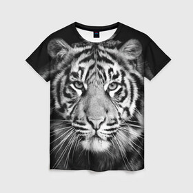 Женская футболка 3D с принтом Тигр в Кировске, 100% полиэфир ( синтетическое хлопкоподобное полотно) | прямой крой, круглый вырез горловины, длина до линии бедер | animal | black   white | look | predator | tiger | wild | взгляд | дикий | животное | тигр | хищник | черно   белый