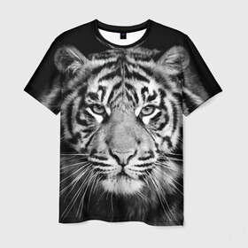 Мужская футболка 3D с принтом Тигр в Кировске, 100% полиэфир | прямой крой, круглый вырез горловины, длина до линии бедер | animal | black   white | look | predator | tiger | wild | взгляд | дикий | животное | тигр | хищник | черно   белый