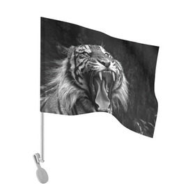 Флаг для автомобиля с принтом Тигр в Кировске, 100% полиэстер | Размер: 30*21 см | animal | black   white | fangs | jaws | jungle | predator | teeth | tiger | wild | джунгли | дикий | животное | клыки | оскал | пасть | тигр | хищник | черно   белый