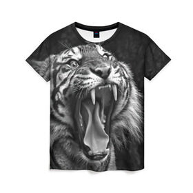 Женская футболка 3D с принтом Тигр в Кировске, 100% полиэфир ( синтетическое хлопкоподобное полотно) | прямой крой, круглый вырез горловины, длина до линии бедер | animal | black   white | fangs | jaws | jungle | predator | teeth | tiger | wild | джунгли | дикий | животное | клыки | оскал | пасть | тигр | хищник | черно   белый