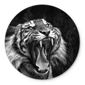 Коврик круглый с принтом Тигр в Кировске, резина и полиэстер | круглая форма, изображение наносится на всю лицевую часть | animal | black   white | fangs | jaws | jungle | predator | teeth | tiger | wild | джунгли | дикий | животное | клыки | оскал | пасть | тигр | хищник | черно   белый