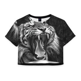 Женская футболка 3D укороченная с принтом Тигр в Кировске, 100% полиэстер | круглая горловина, длина футболки до линии талии, рукава с отворотами | animal | black   white | fangs | jaws | jungle | predator | teeth | tiger | wild | джунгли | дикий | животное | клыки | оскал | пасть | тигр | хищник | черно   белый
