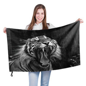 Флаг 3D с принтом Тигр в Кировске, 100% полиэстер | плотность ткани — 95 г/м2, размер — 67 х 109 см. Принт наносится с одной стороны | animal | black   white | fangs | jaws | jungle | predator | teeth | tiger | wild | джунгли | дикий | животное | клыки | оскал | пасть | тигр | хищник | черно   белый