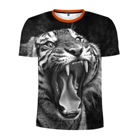 Мужская футболка 3D спортивная с принтом Тигр в Кировске, 100% полиэстер с улучшенными характеристиками | приталенный силуэт, круглая горловина, широкие плечи, сужается к линии бедра | animal | black   white | fangs | jaws | jungle | predator | teeth | tiger | wild | джунгли | дикий | животное | клыки | оскал | пасть | тигр | хищник | черно   белый