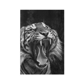 Обложка для паспорта матовая кожа с принтом Тигр в Кировске, натуральная матовая кожа | размер 19,3 х 13,7 см; прозрачные пластиковые крепления | Тематика изображения на принте: animal | black   white | fangs | jaws | jungle | predator | teeth | tiger | wild | джунгли | дикий | животное | клыки | оскал | пасть | тигр | хищник | черно   белый