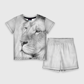 Детский костюм с шортами 3D с принтом Лев в Кировске,  |  | animal | black   white | king | lion | look | predator | wild | взгляд | дикий | животное | зверь | лев | хищник | царь | черно   белый