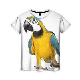 Женская футболка 3D с принтом Попугай ара в Кировске, 100% полиэфир ( синтетическое хлопкоподобное полотно) | прямой крой, круглый вырез горловины, длина до линии бедер | желтый | птица | синий | экзотика