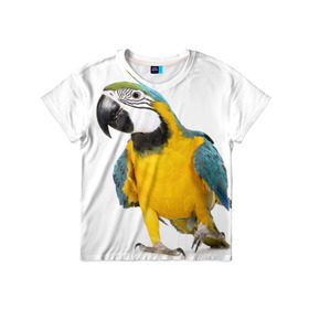 Детская футболка 3D с принтом Попугай ара в Кировске, 100% гипоаллергенный полиэфир | прямой крой, круглый вырез горловины, длина до линии бедер, чуть спущенное плечо, ткань немного тянется | желтый | птица | синий | экзотика
